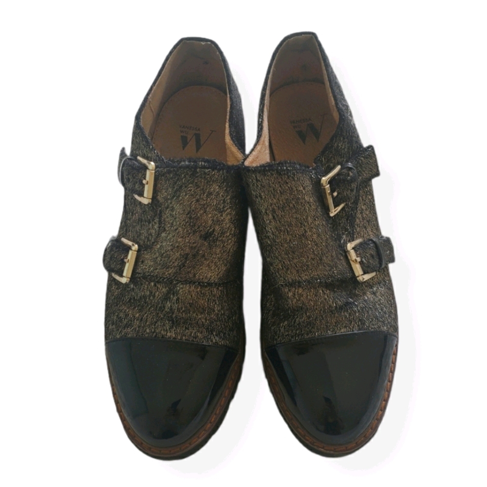 Vanessa Wu gold mohair double buckle shoes